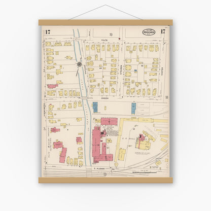 Old map wall art mockup — magnetic wood frame on white wall — Sanborn Fire Insurance Map from Herkimer, Herkimer County, New York (1923), Sheet #0017