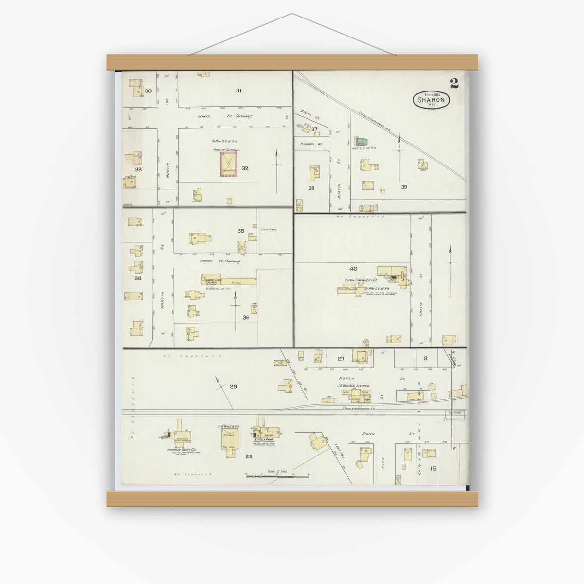Old map wall art mockup — magnetic wood frame on white wall — Sanborn Fire Insurance Map from Sharon, Walworth County, Wisconsin (1894), Sheet #0002