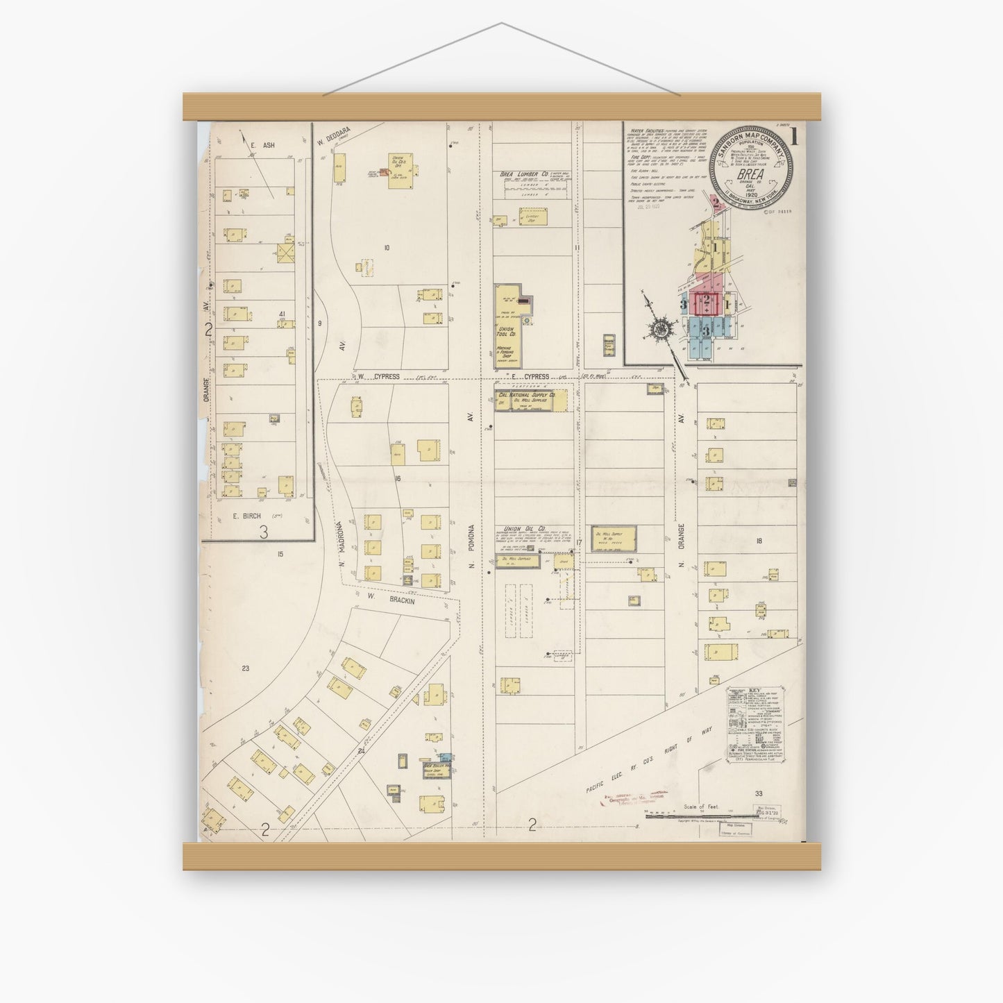 Old map wall art mockup — magnetic wood frame on white wall — Sanborn Fire Insurance Map from Brea, Orange County, California (1920) - Complete Map Set