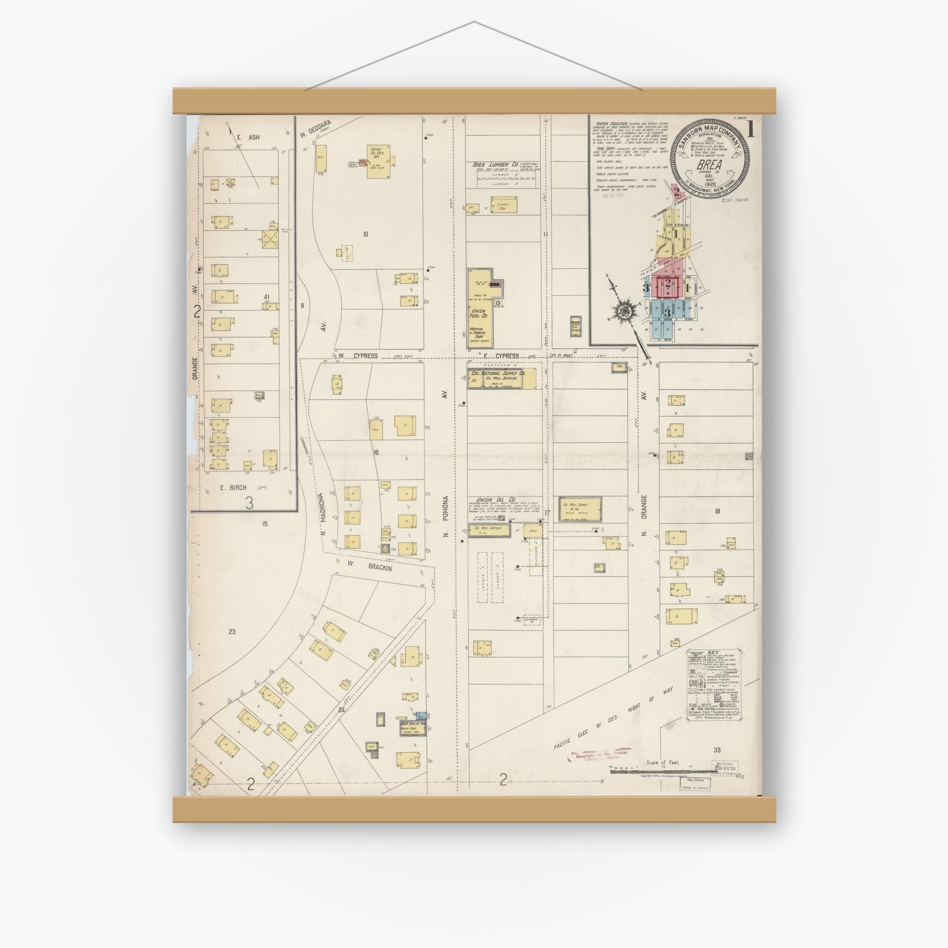 Old map wall art mockup — magnetic wood frame on white wall — Sanborn Fire Insurance Map from Brea, Orange County, California (1920) - Complete Map Set