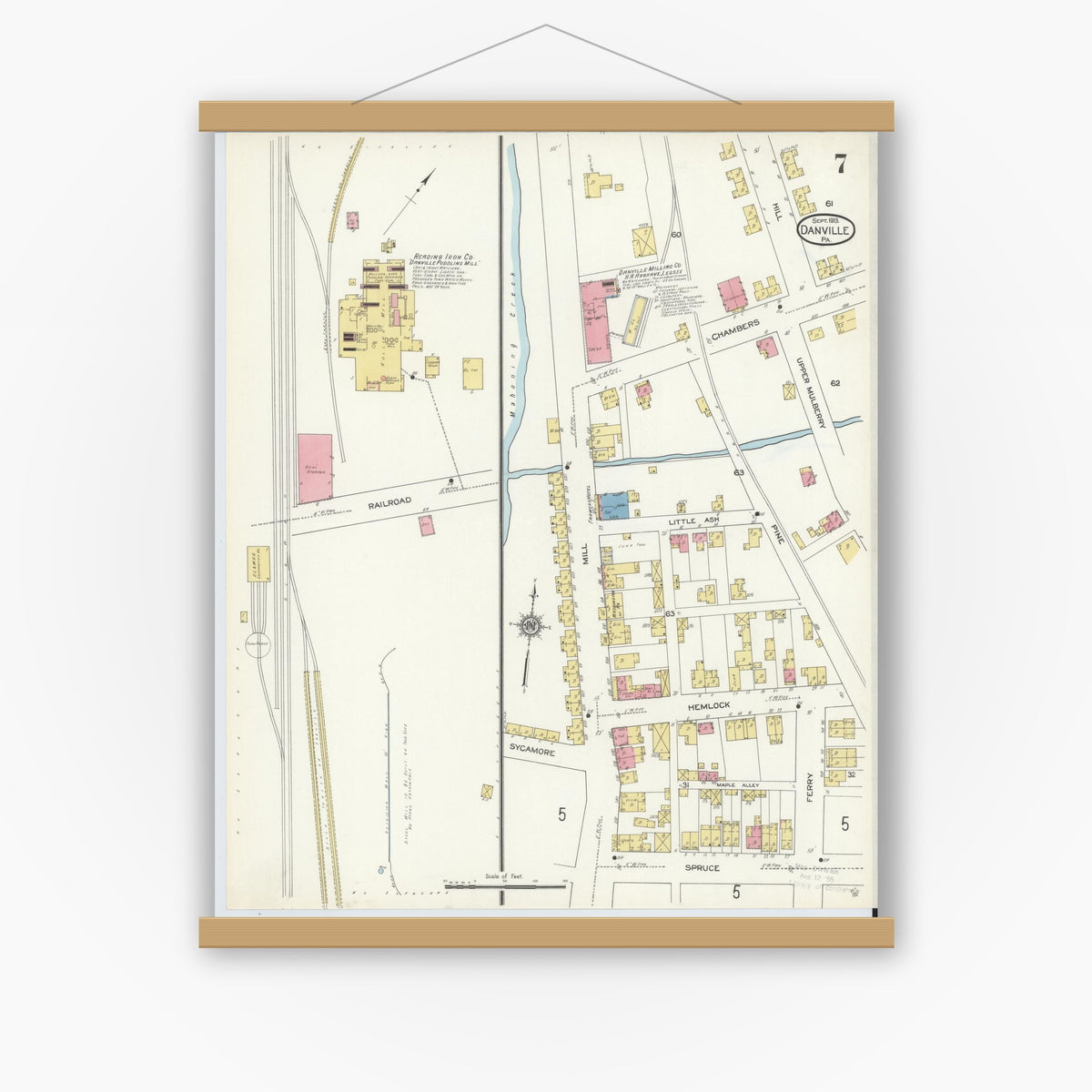Old map wall art mockup — magnetic wood frame on white wall — Sanborn Fire Insurance Map from Danville, Montour County, Pennsylvania (1913), Sheet #0007