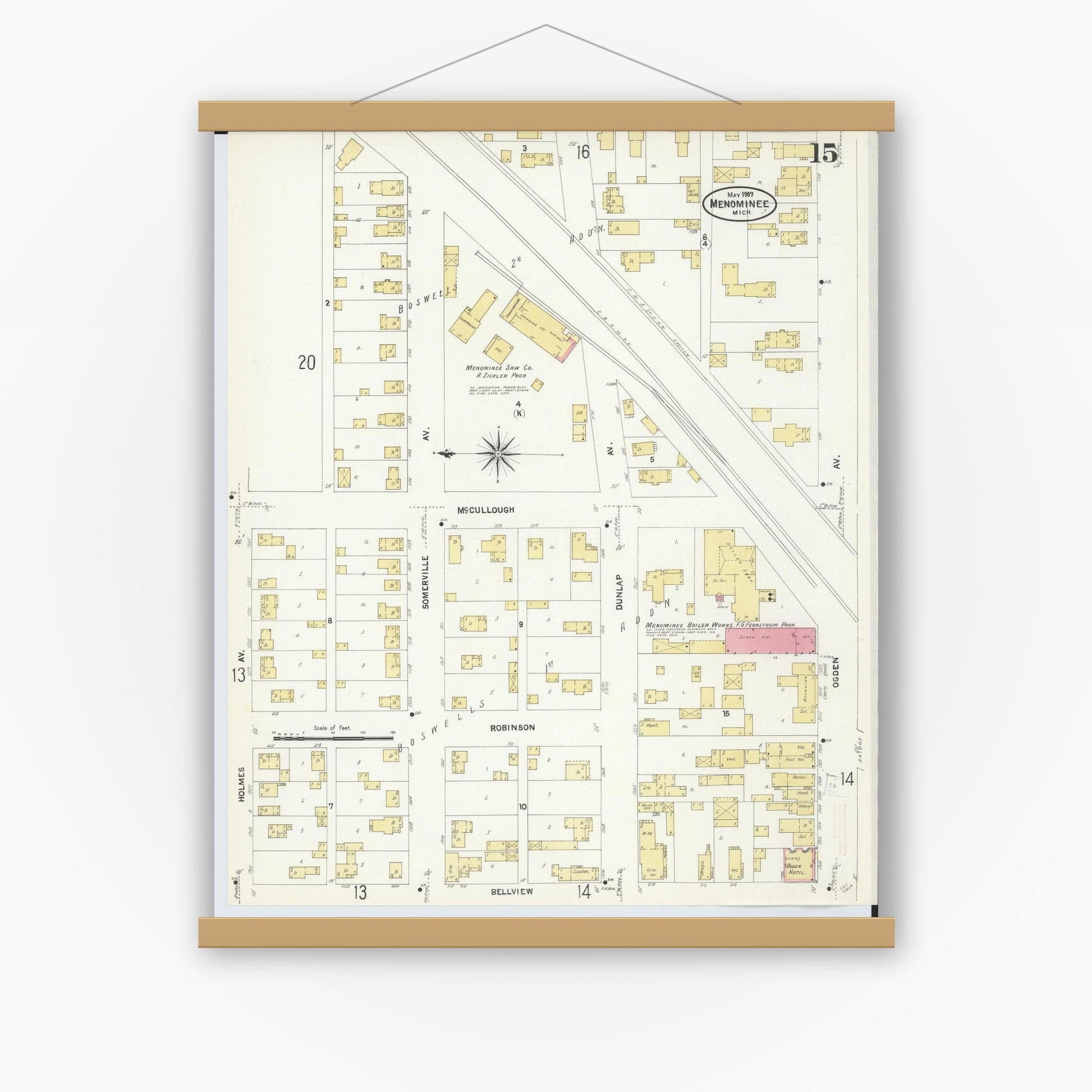 Old map wall art mockup — magnetic wood frame on white wall — Sanborn Fire Insurance Map from Menominee, Menominee County, Michigan (1907), Sheet #0015