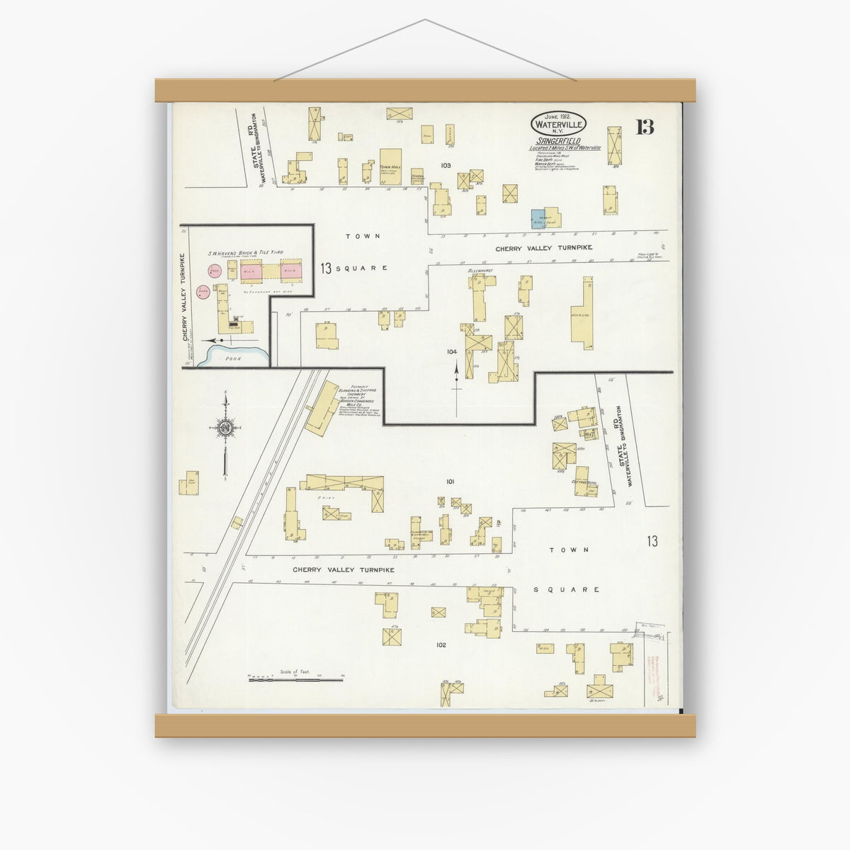 Old map wall art mockup — magnetic wood frame on white wall — Sanborn Fire Insurance Map from Waterville, Oneida County, New York (1912), Sheet #0013