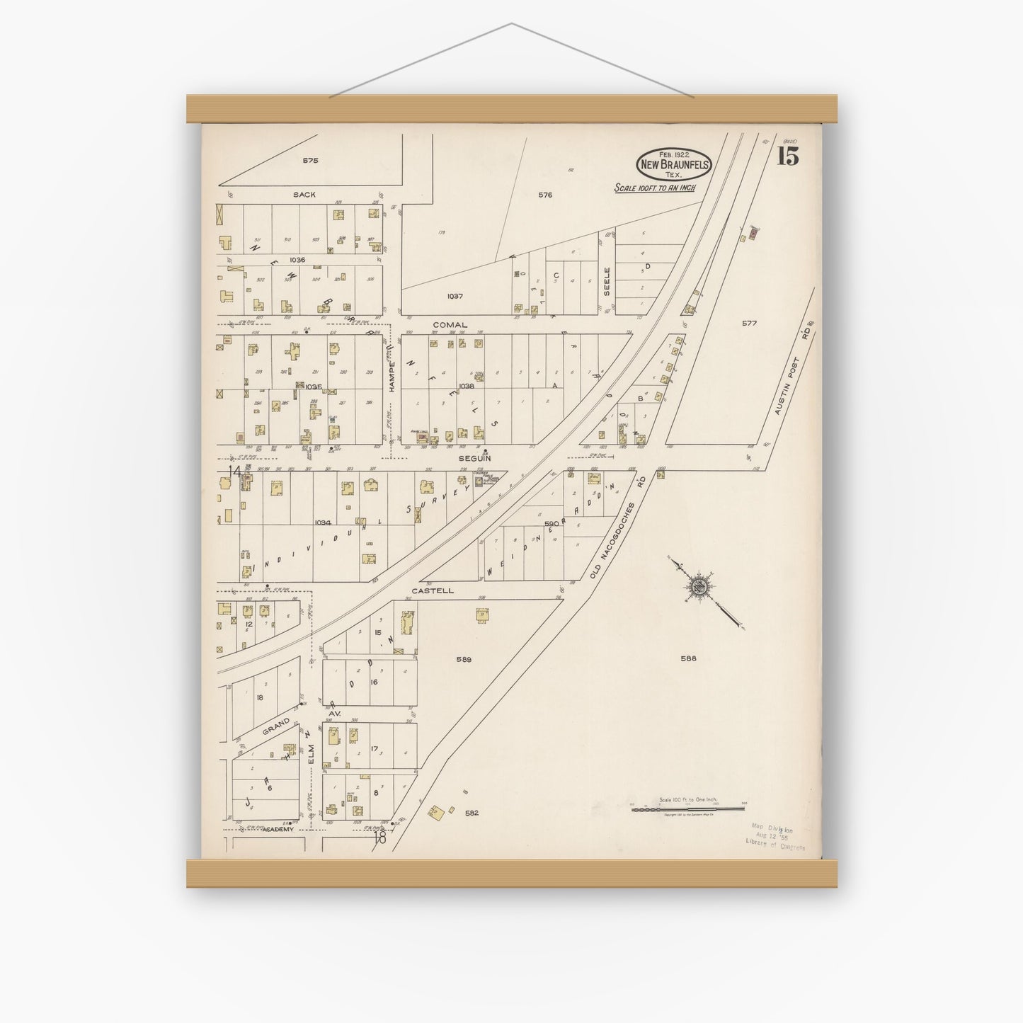 Old map wall art mockup — magnetic wood frame on white wall — Sanborn Fire Insurance Map from New Braunfels, Comal County, Texas (1922), Sheet #0015
