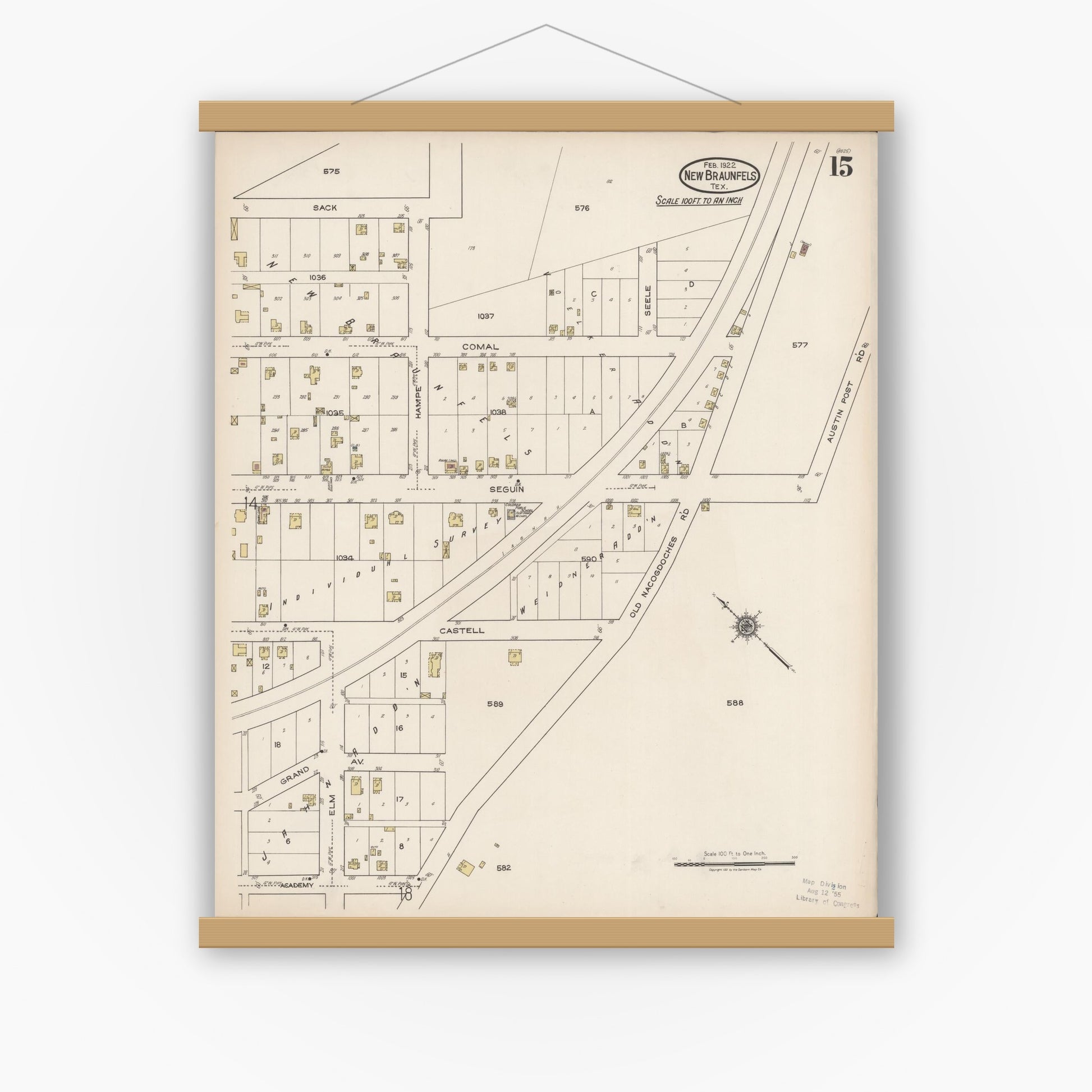 Old map wall art mockup — magnetic wood frame on white wall — Sanborn Fire Insurance Map from New Braunfels, Comal County, Texas (1922), Sheet #0015