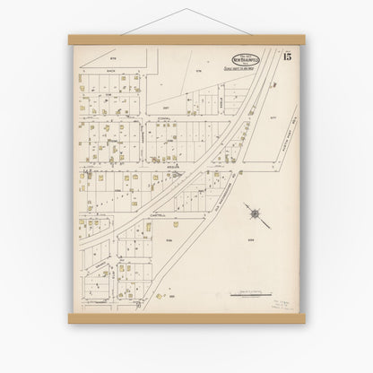 Old map wall art mockup — magnetic wood frame on white wall — Sanborn Fire Insurance Map from New Braunfels, Comal County, Texas (1922), Sheet #0015