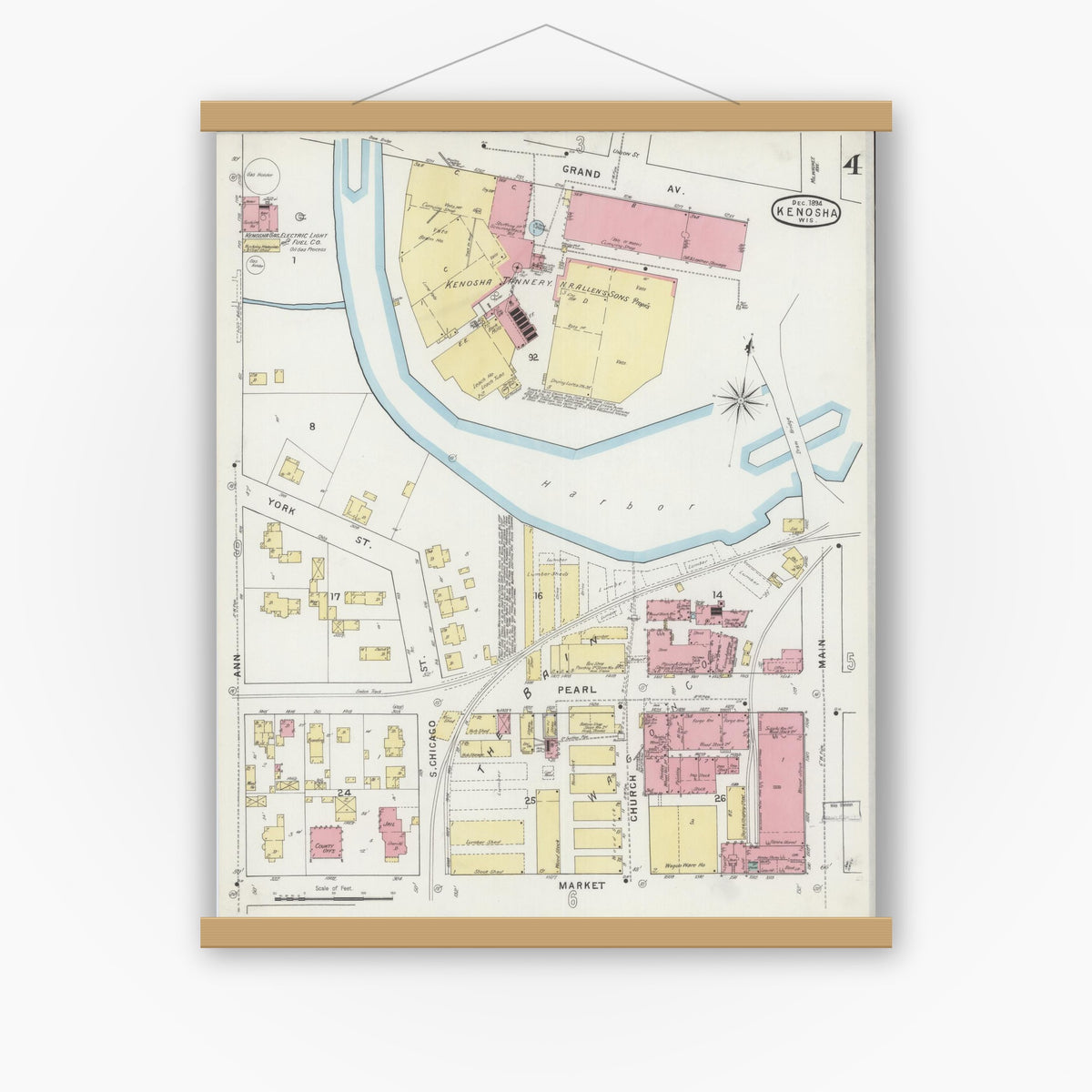Old map wall art mockup — magnetic wood frame on white wall — Sanborn Fire Insurance Map from Kenosha, Kenosha County, Wisconsin (1894), Sheet #0004