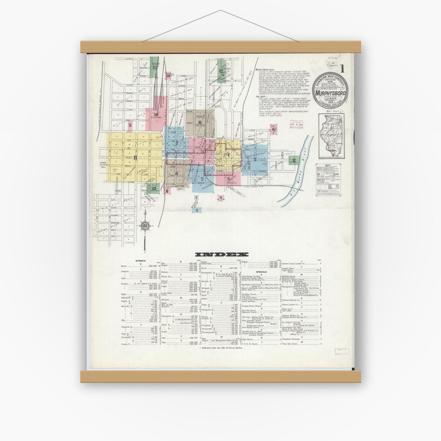 Old map wall art mockup — magnetic wood frame on white wall — Sanborn Fire Insurance Map from Murphysboro, Jackson County, Illinois (1914), Sheet #0001