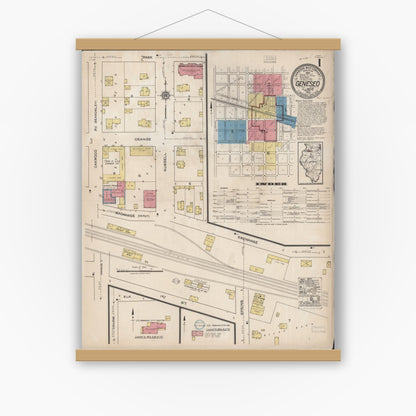 Old map wall art mockup — magnetic wood frame on white wall — Sanborn Fire Insurance Map from Geneseo, Henry County, Illinois (1922) - Complete Map Set