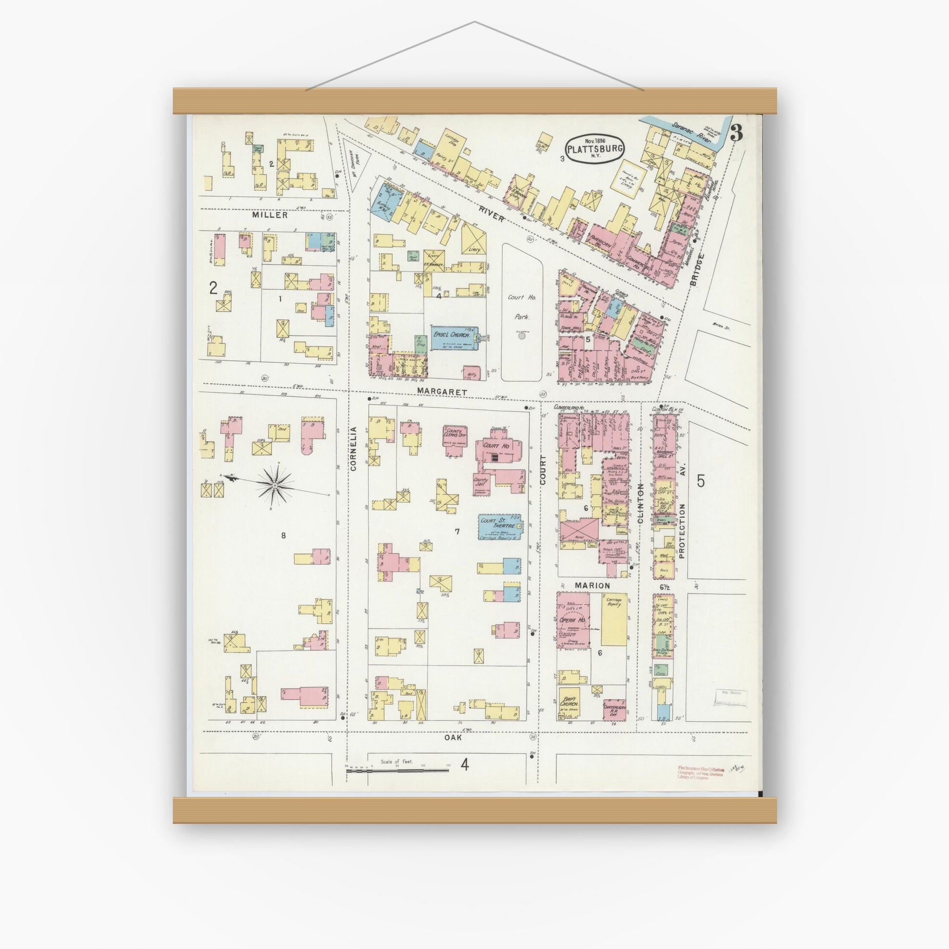 Old map wall art mockup — magnetic wood frame on white wall — Sanborn Fire Insurance Map from Plattsburg, Clinton County, New York (1896), Sheet #0003