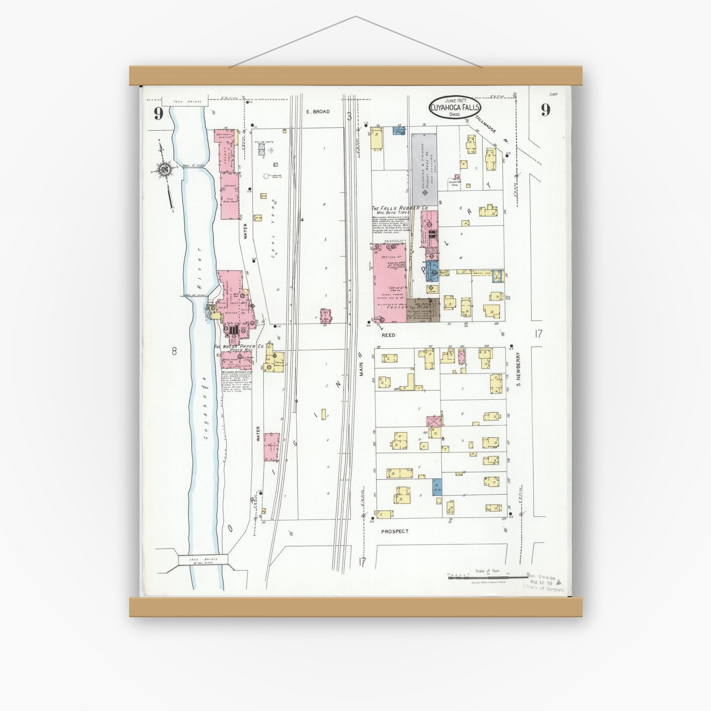 Old map wall art mockup — magnetic wood frame on white wall — Sanborn Fire Insurance Map from Cuyahoga Falls, Summit County, Ohio (1927), Sheet #0009