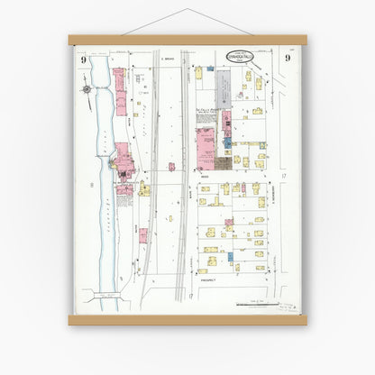 Old map wall art mockup — magnetic wood frame on white wall — Sanborn Fire Insurance Map from Cuyahoga Falls, Summit County, Ohio (1927), Sheet #0009