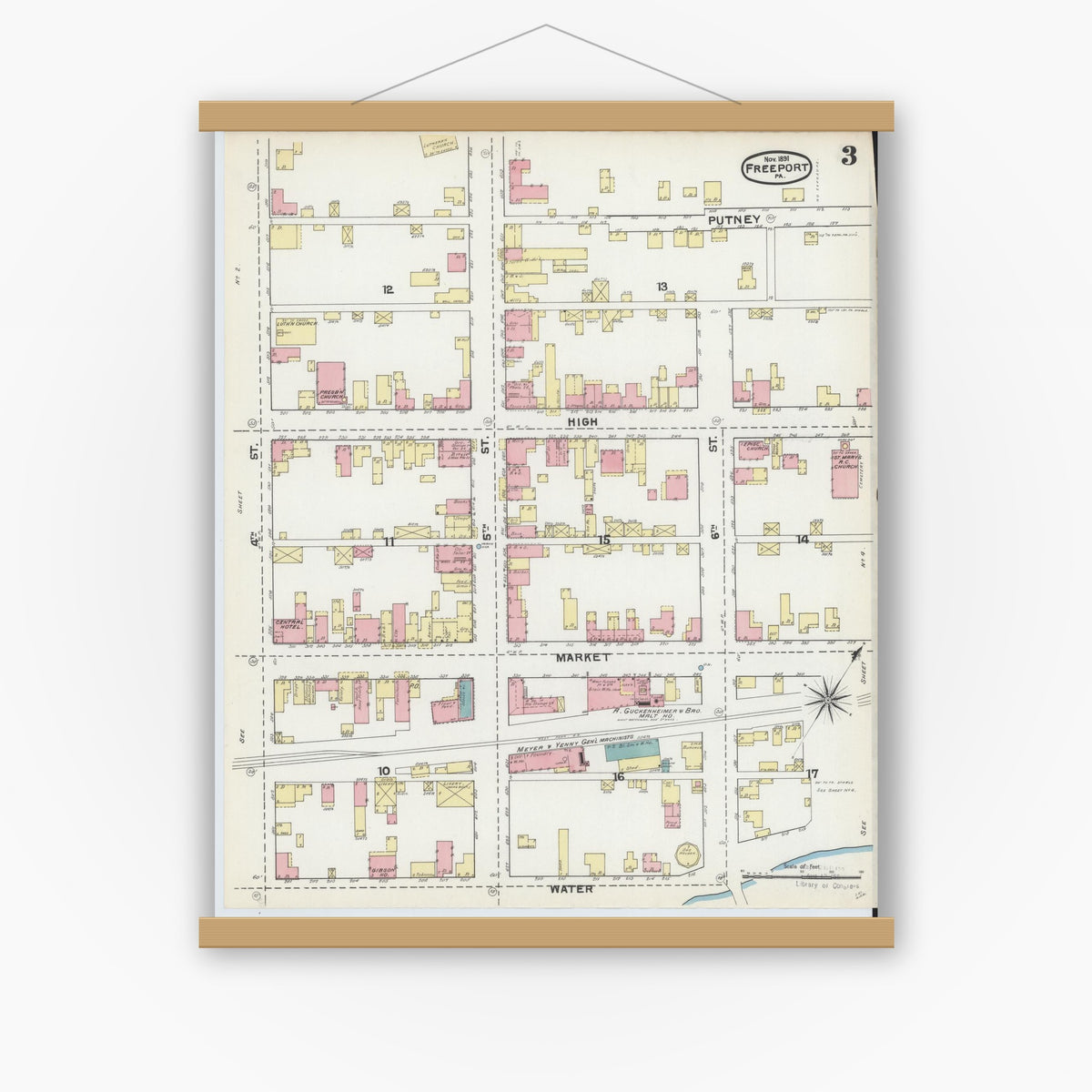 Old map wall art mockup — magnetic wood frame on white wall — Sanborn Fire Insurance Map from Freeport, Armstrong County, Pennsylvania (1891), Sheet #0003