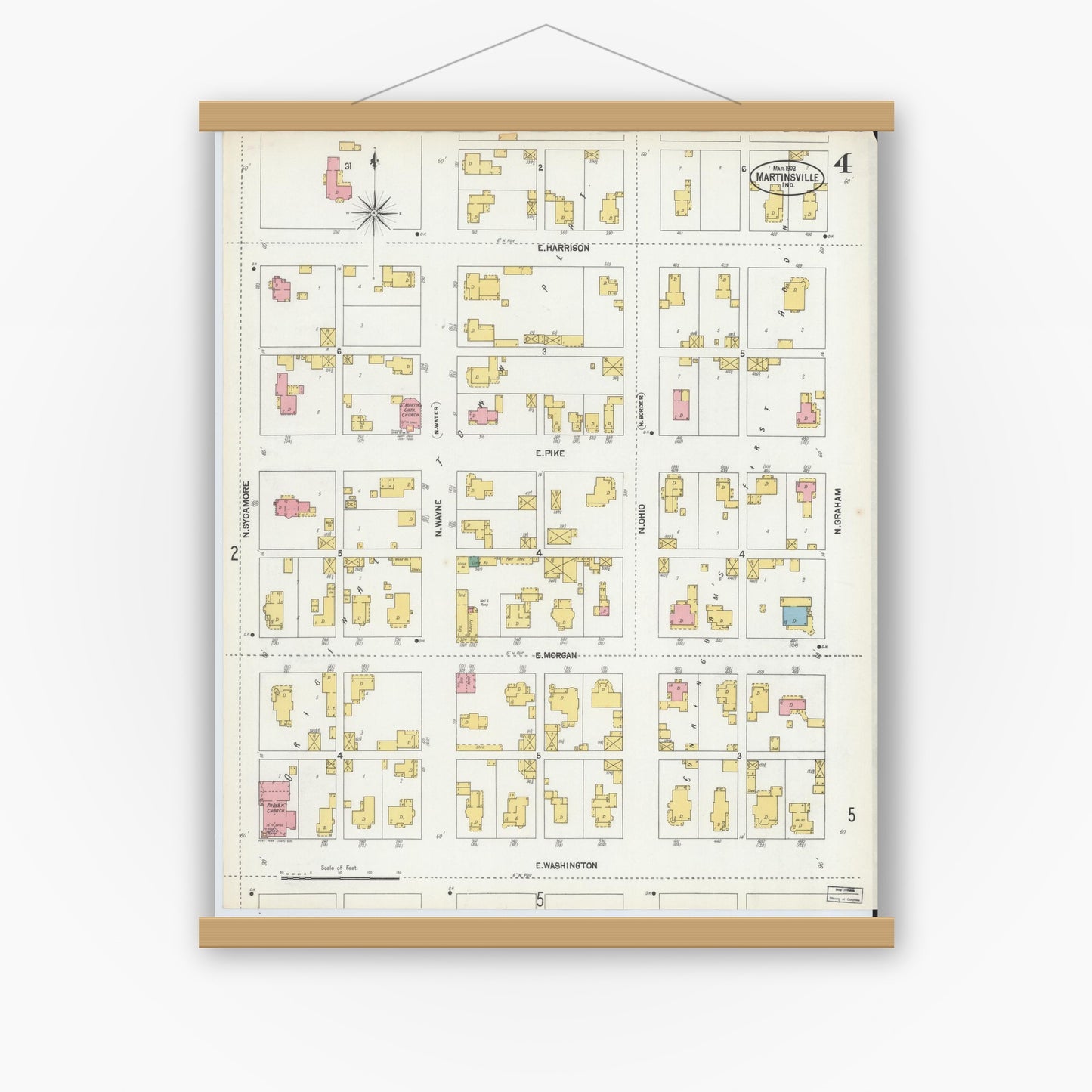 Old map wall art mockup — magnetic wood frame on white wall — Sanborn Fire Insurance Map from Martinsville, Morgan County, Indiana (1902), Sheet #0004