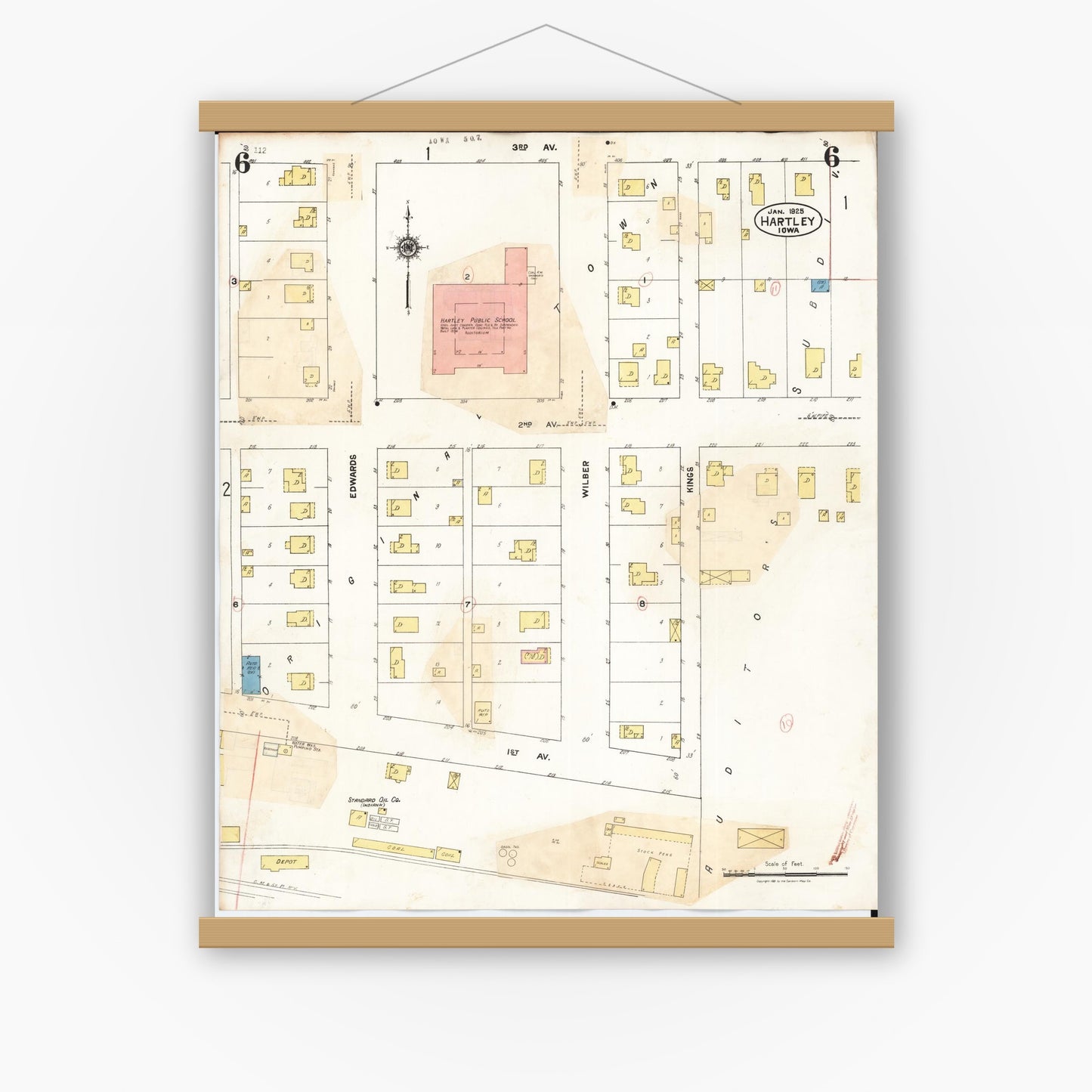 Old map wall art mockup — magnetic wood frame on white wall — Sanborn Fire Insurance Map from Hartley, O'Brien County, Iowa (1936), Sheet #0006