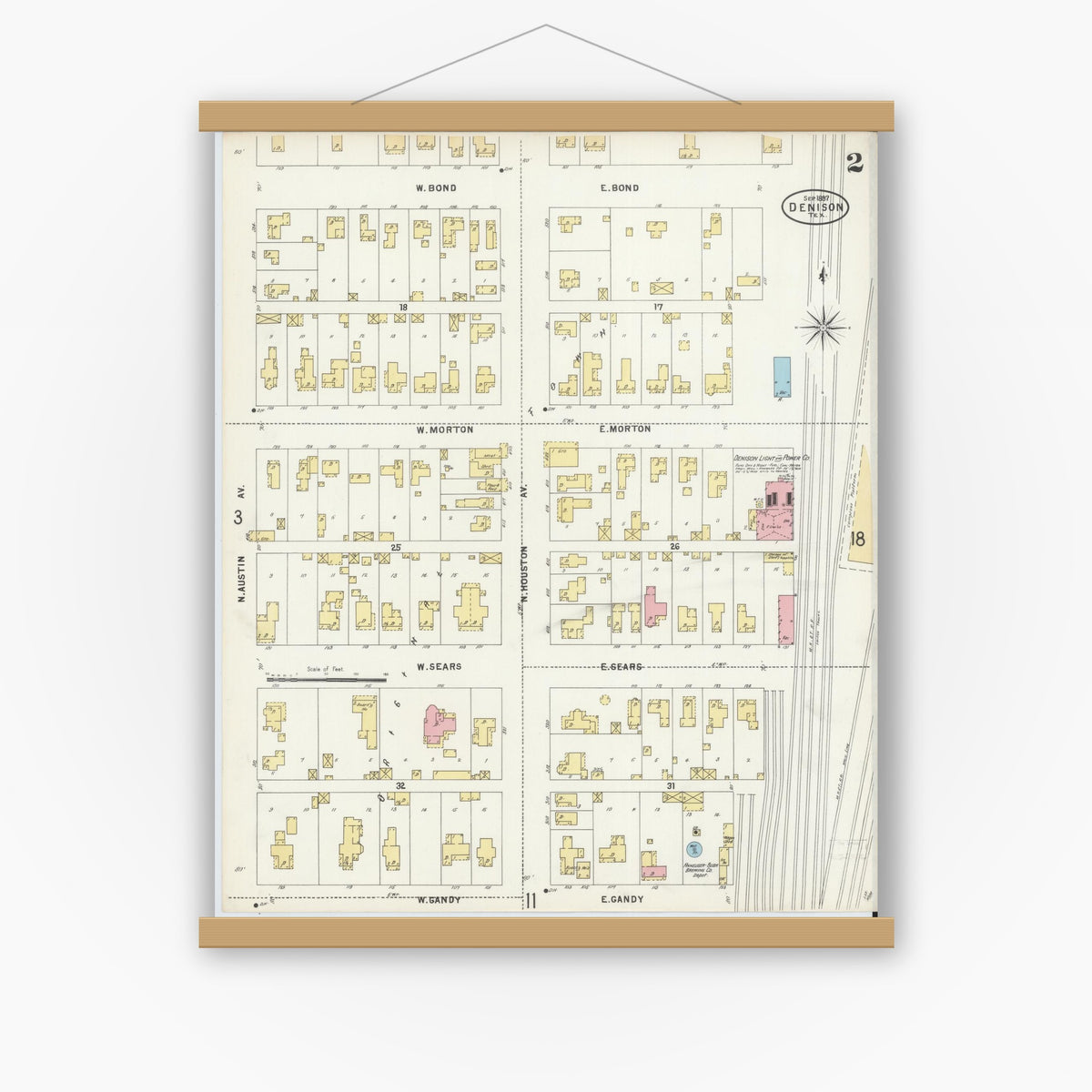 Old map wall art mockup — magnetic wood frame on white wall — Sanborn Fire Insurance Map from Denison, Grayson County, Texas (1897), Sheet #0002