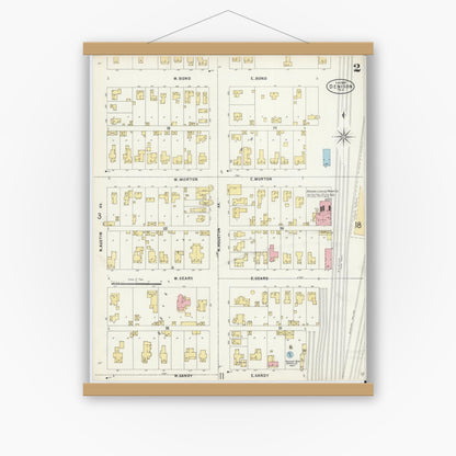 Old map wall art mockup — magnetic wood frame on white wall — Sanborn Fire Insurance Map from Denison, Grayson County, Texas (1897), Sheet #0002
