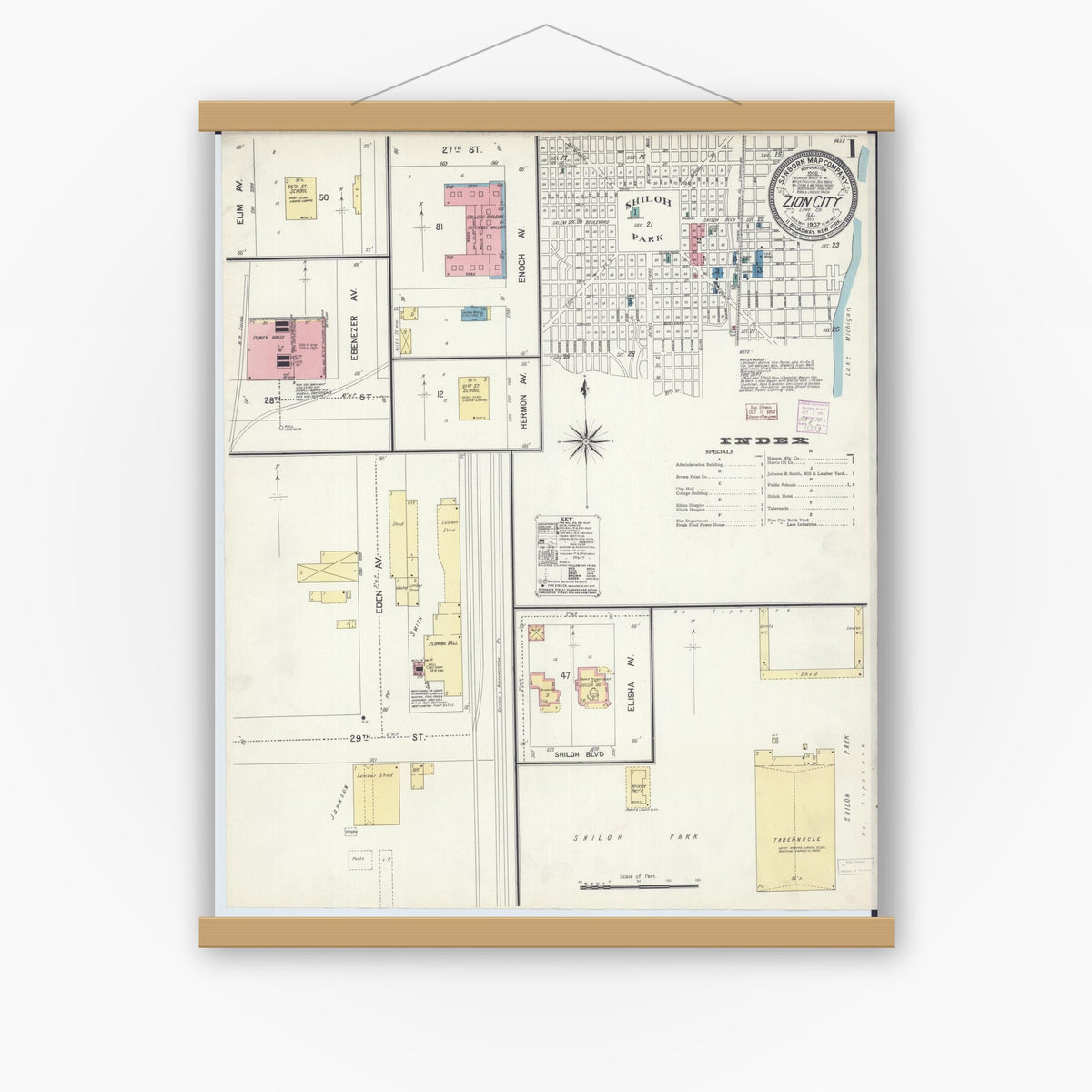 Old map wall art mockup — magnetic wood frame on white wall — Sanborn Fire Insurance Map from Zion, Lake County, Illinois (1907) - Complete Map Set