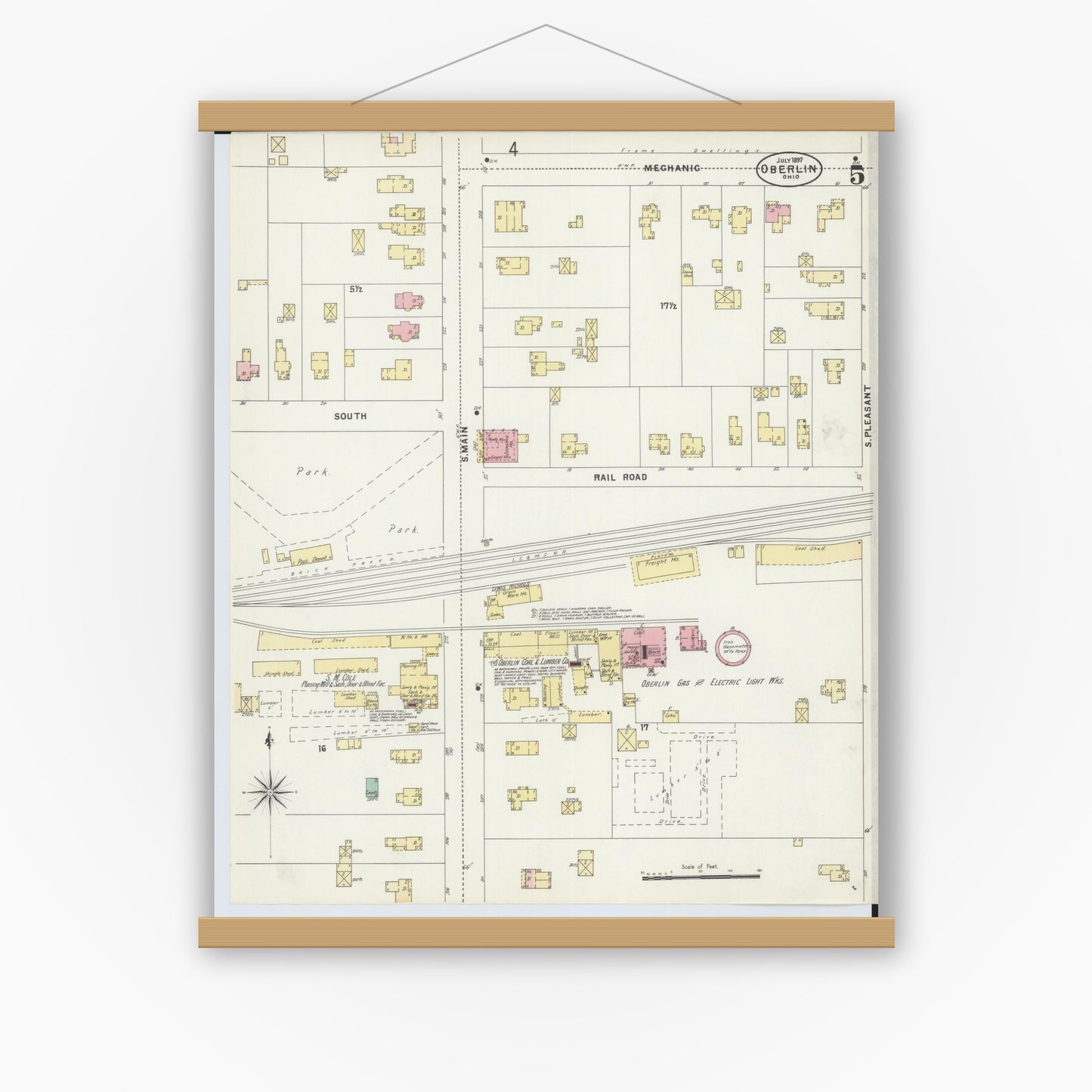 Old map wall art mockup — magnetic wood frame on white wall — Sanborn Fire Insurance Map from Oberlin, Lorain County, Ohio (1897), Sheet #0005