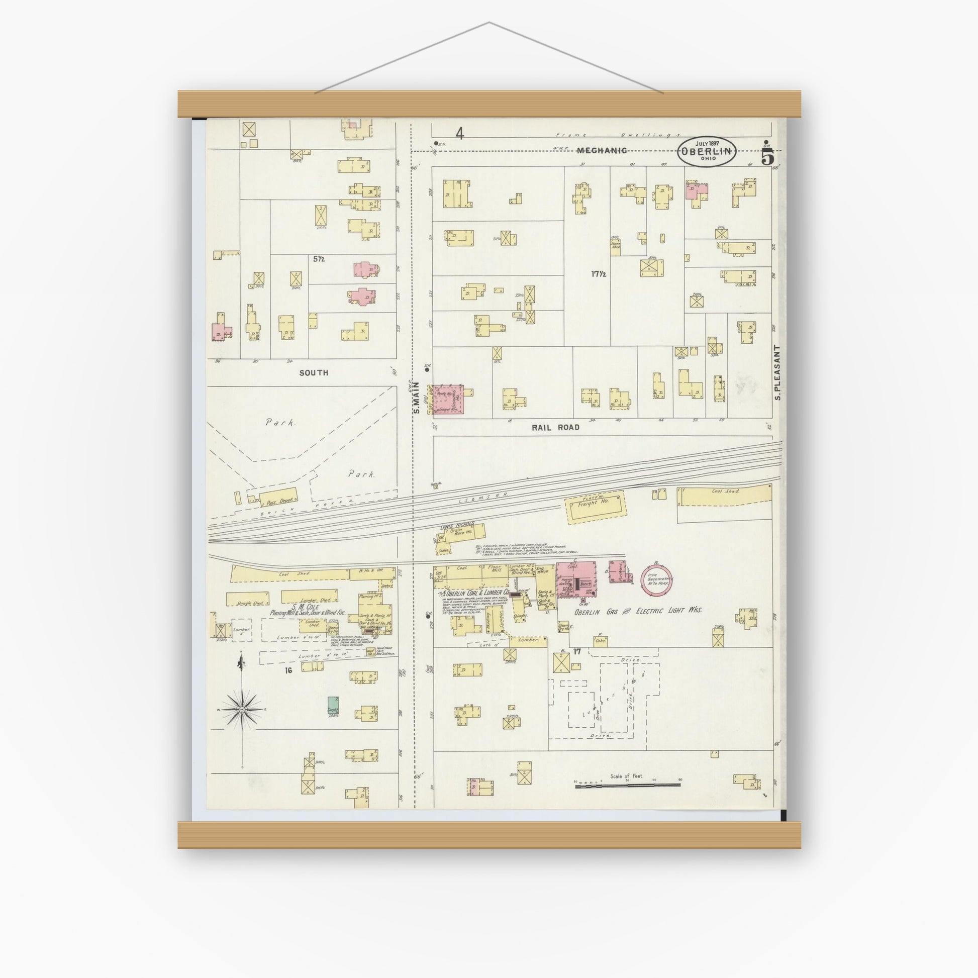 Old map wall art mockup — magnetic wood frame on white wall — Sanborn Fire Insurance Map from Oberlin, Lorain County, Ohio (1897), Sheet #0005