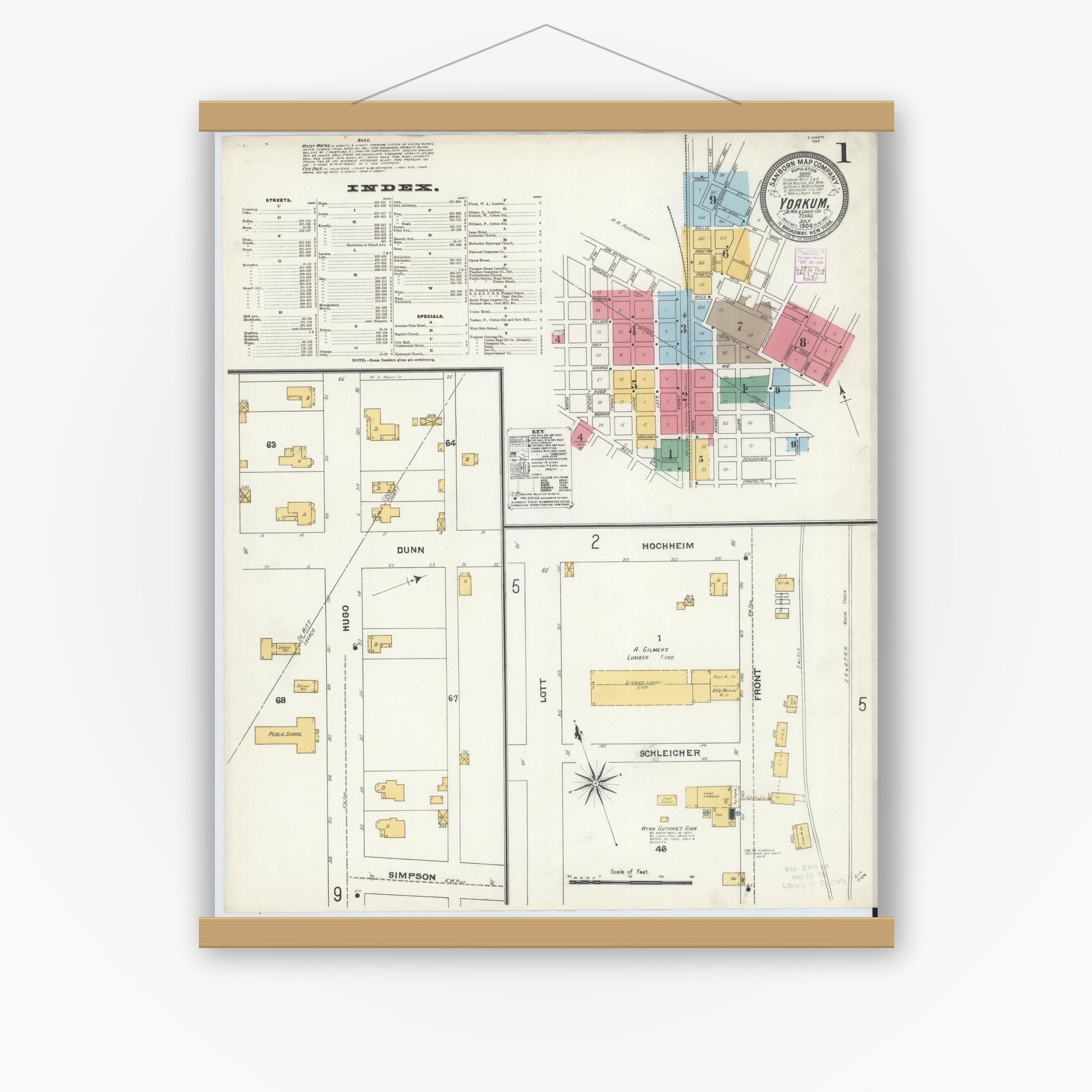 Old map wall art mockup — magnetic wood frame on white wall — Sanborn Fire Insurance Map from Yoakum, De Witt And Lavaca Counties, Texas (1904) - Complete Map Set