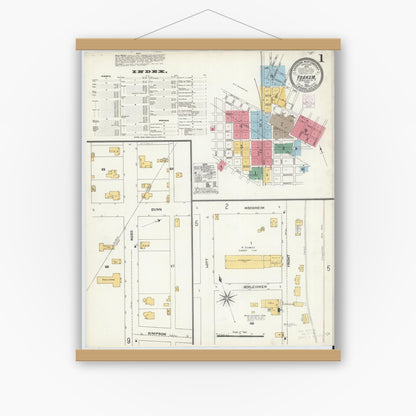 Old map wall art mockup — magnetic wood frame on white wall — Sanborn Fire Insurance Map from Yoakum, De Witt And Lavaca Counties, Texas (1904) - Complete Map Set