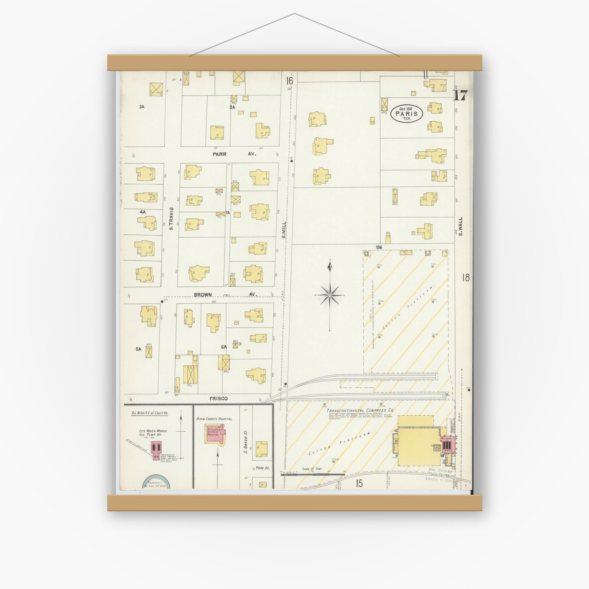 Old map wall art mockup — magnetic wood frame on white wall — Sanborn Fire Insurance Map from Paris, Lamar County, Texas (1902), Sheet #0017
