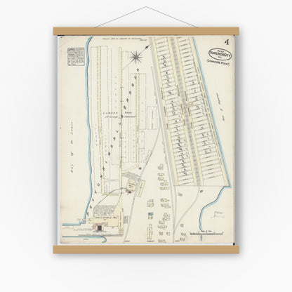 Old map wall art mockup — magnetic wood frame on white wall — Sanborn Fire Insurance Map from Superior, Douglas County, Wisconsin (1884), Sheet #0004