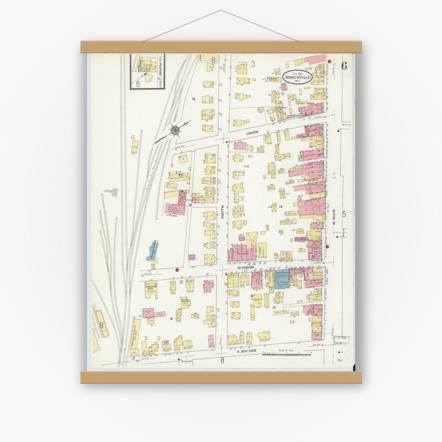 Old map wall art mockup — magnetic wood frame on white wall — Sanborn Fire Insurance Map from Somerville, Somerset County, New Jersey (1910), Sheet #0006
