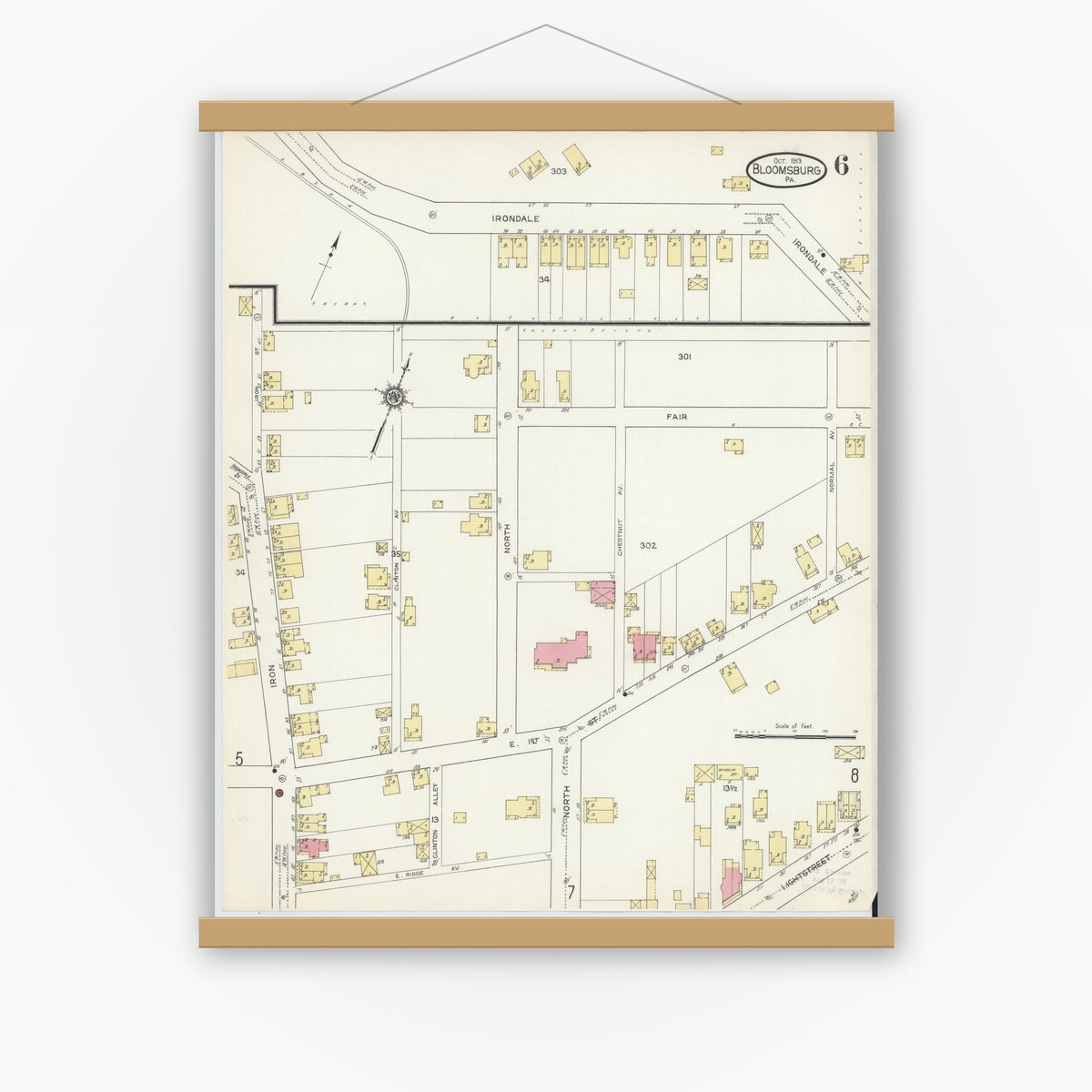 Old map wall art mockup — magnetic wood frame on white wall — Sanborn Fire Insurance Map from Bloomsburg, Columbia County, Pennsylvania (1913), Sheet #0006