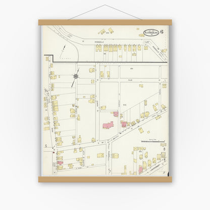 Old map wall art mockup — magnetic wood frame on white wall — Sanborn Fire Insurance Map from Bloomsburg, Columbia County, Pennsylvania (1913), Sheet #0006