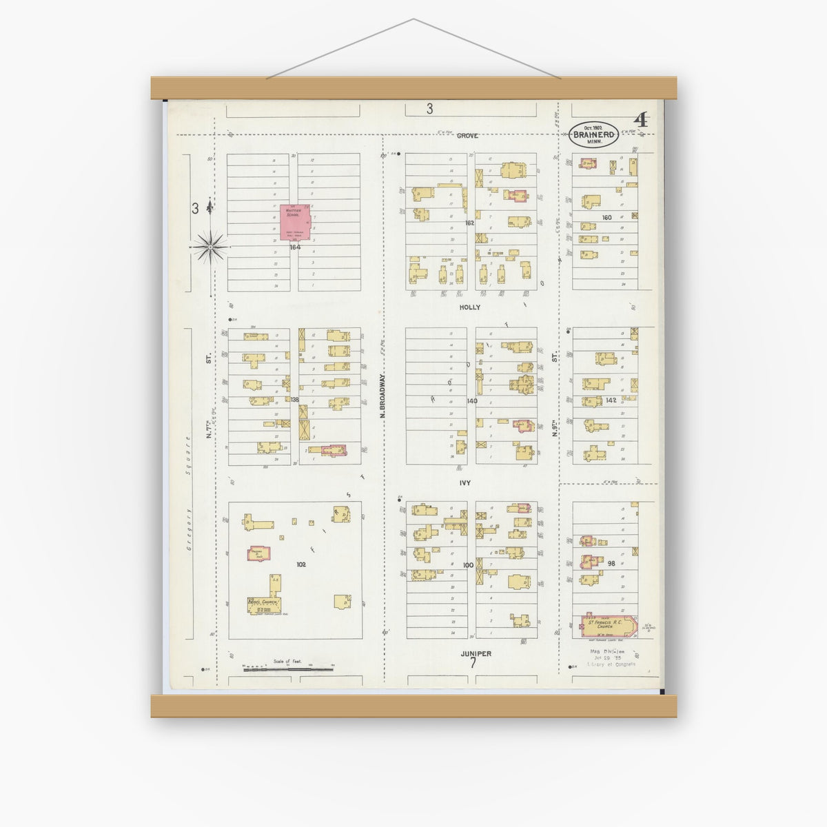 Old map wall art mockup — magnetic wood frame on white wall — Sanborn Fire Insurance Map from Brainerd, Crow Wing County, Minnesota (1902), Sheet #0004