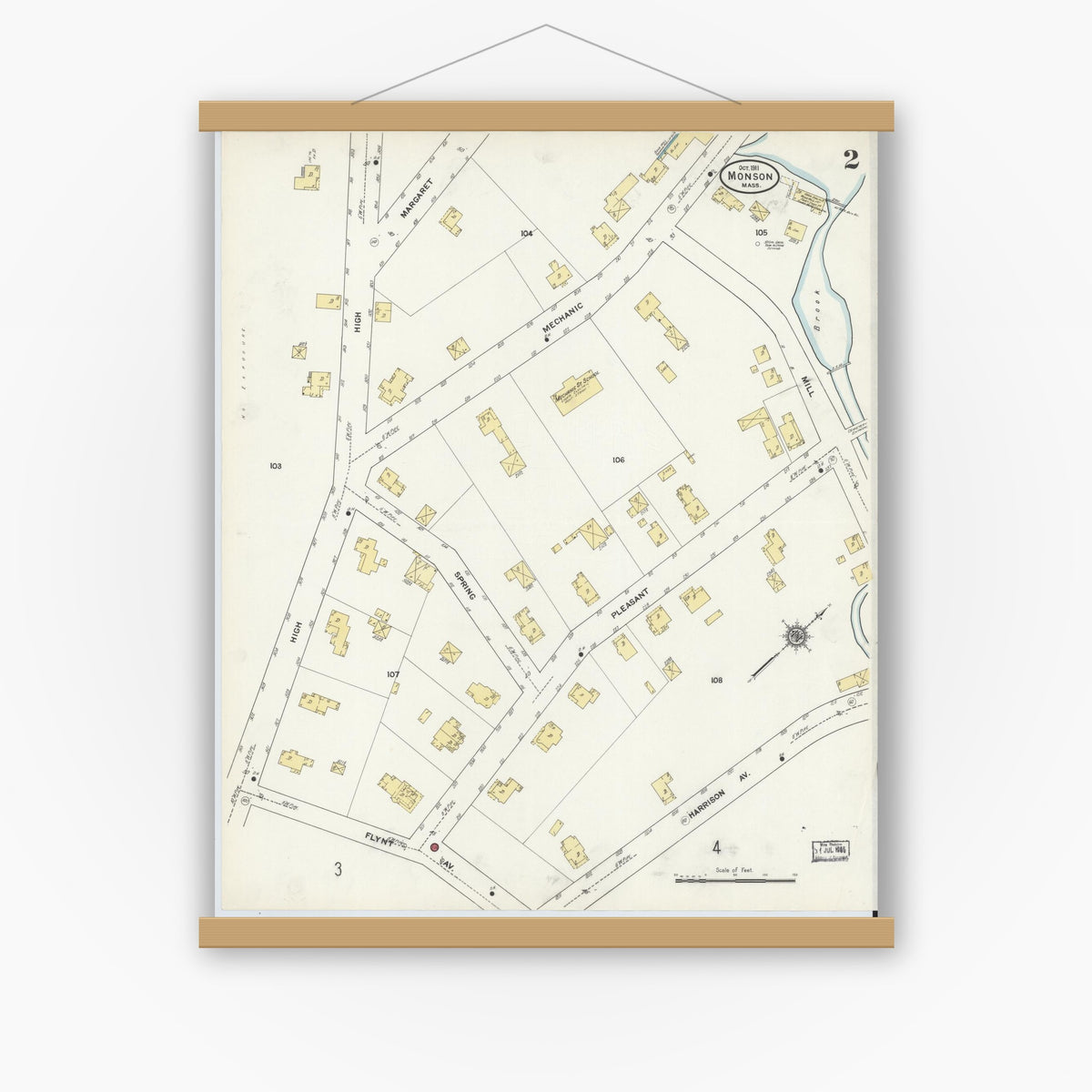 Old map wall art mockup — magnetic wood frame on white wall — Sanborn Fire Insurance Map from Monson, Hampden County, Massachusetts (1911), Sheet #0002