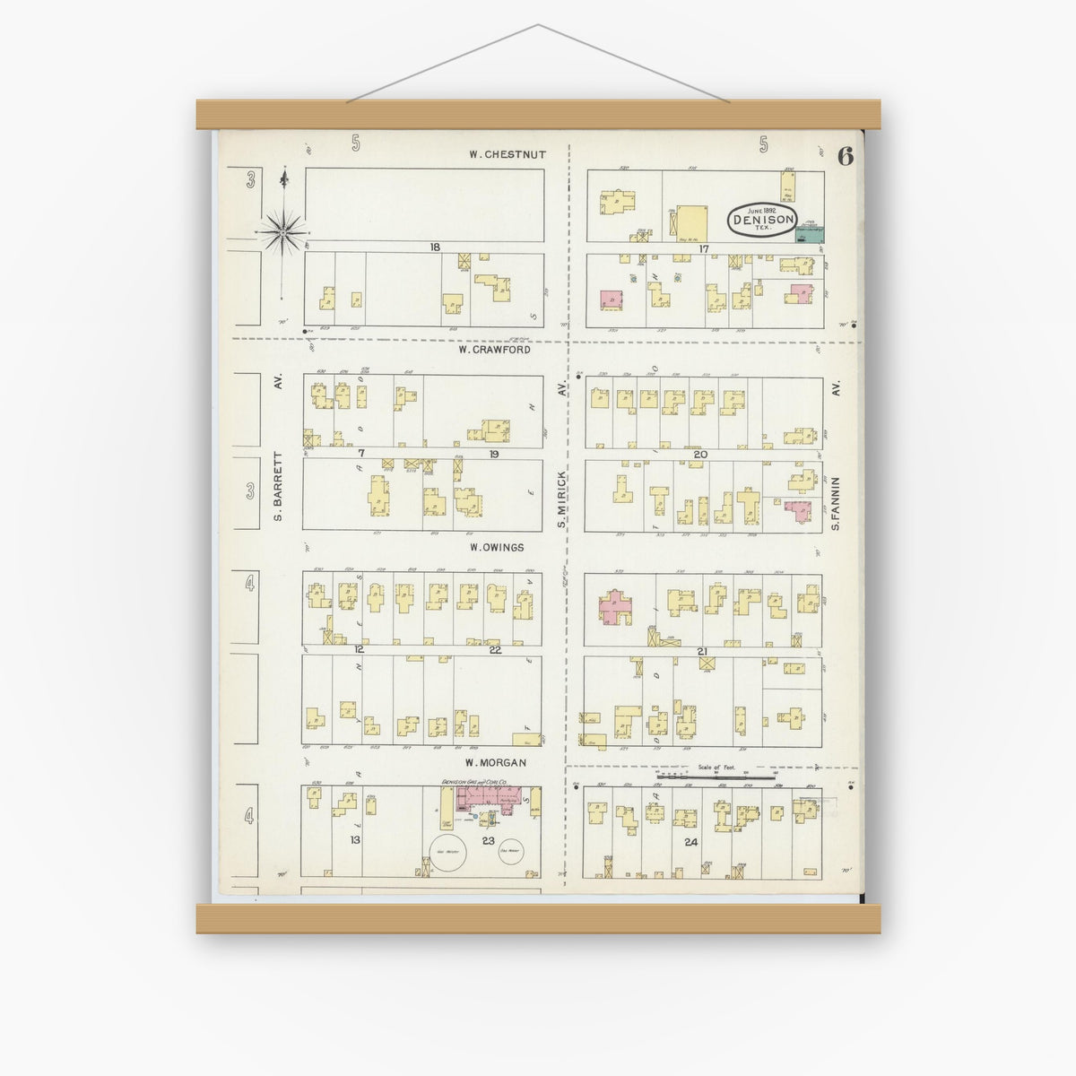 Old map wall art mockup — magnetic wood frame on white wall — Sanborn Fire Insurance Map from Denison, Grayson County, Texas (1892), Sheet #0006