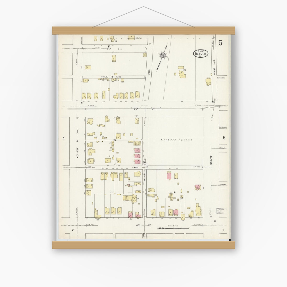 Old map wall art mockup — magnetic wood frame on white wall — Sanborn Fire Insurance Map from Beaver, Beaver County, Pennsylvania (1912), Sheet #0005