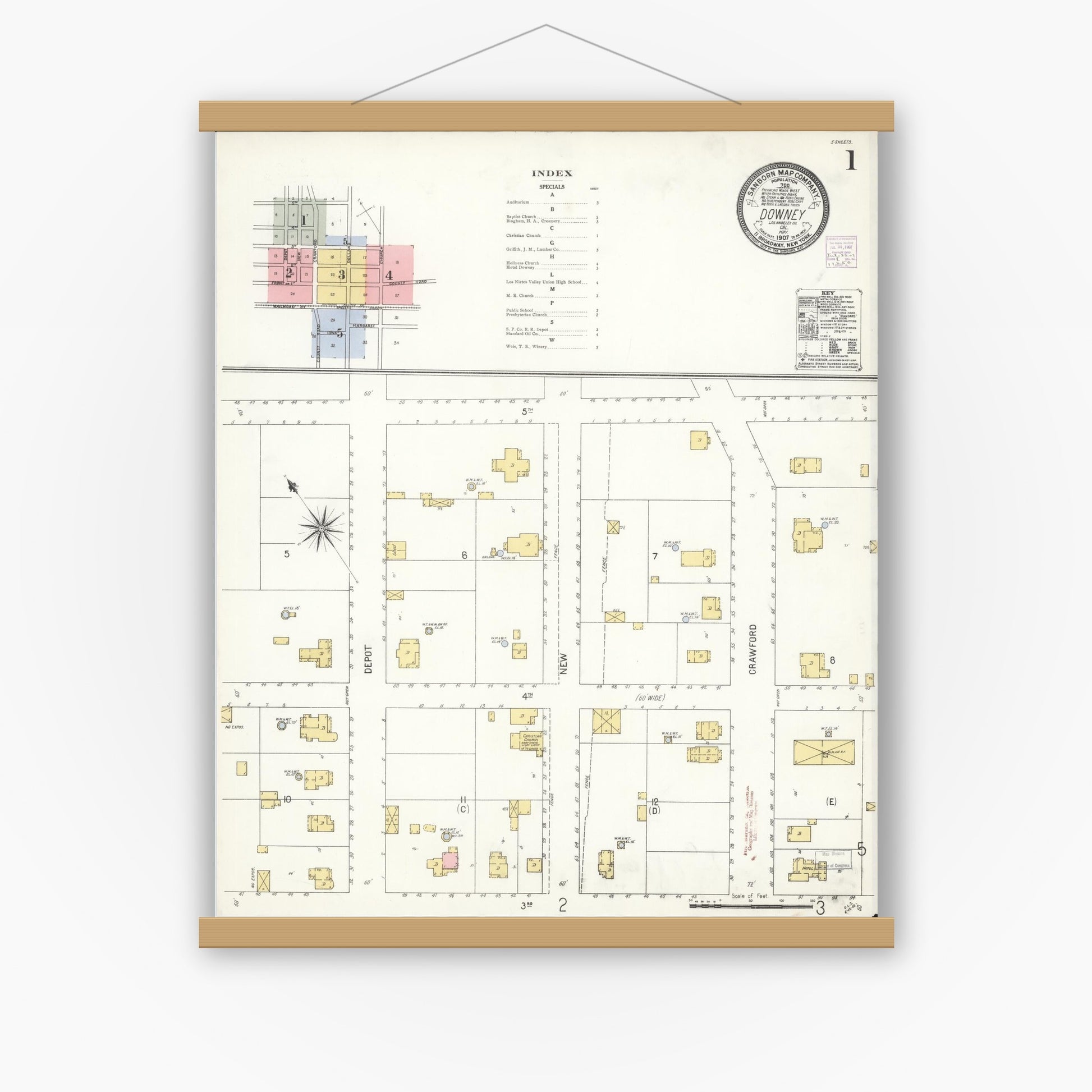 Old map wall art mockup — magnetic wood frame on white wall — Sanborn Fire Insurance Map from Downey, Los Angeles County, California (1907) - Complete Map Set