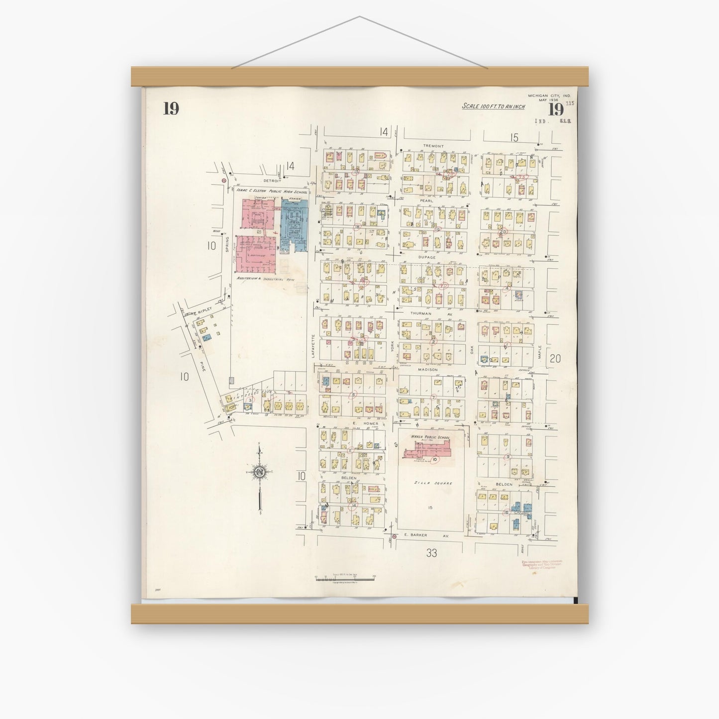 Old map wall art mockup — magnetic wood frame on white wall — Sanborn Fire Insurance Map from Michigan City, La Porte County, Indiana (1948), Sheet #0019