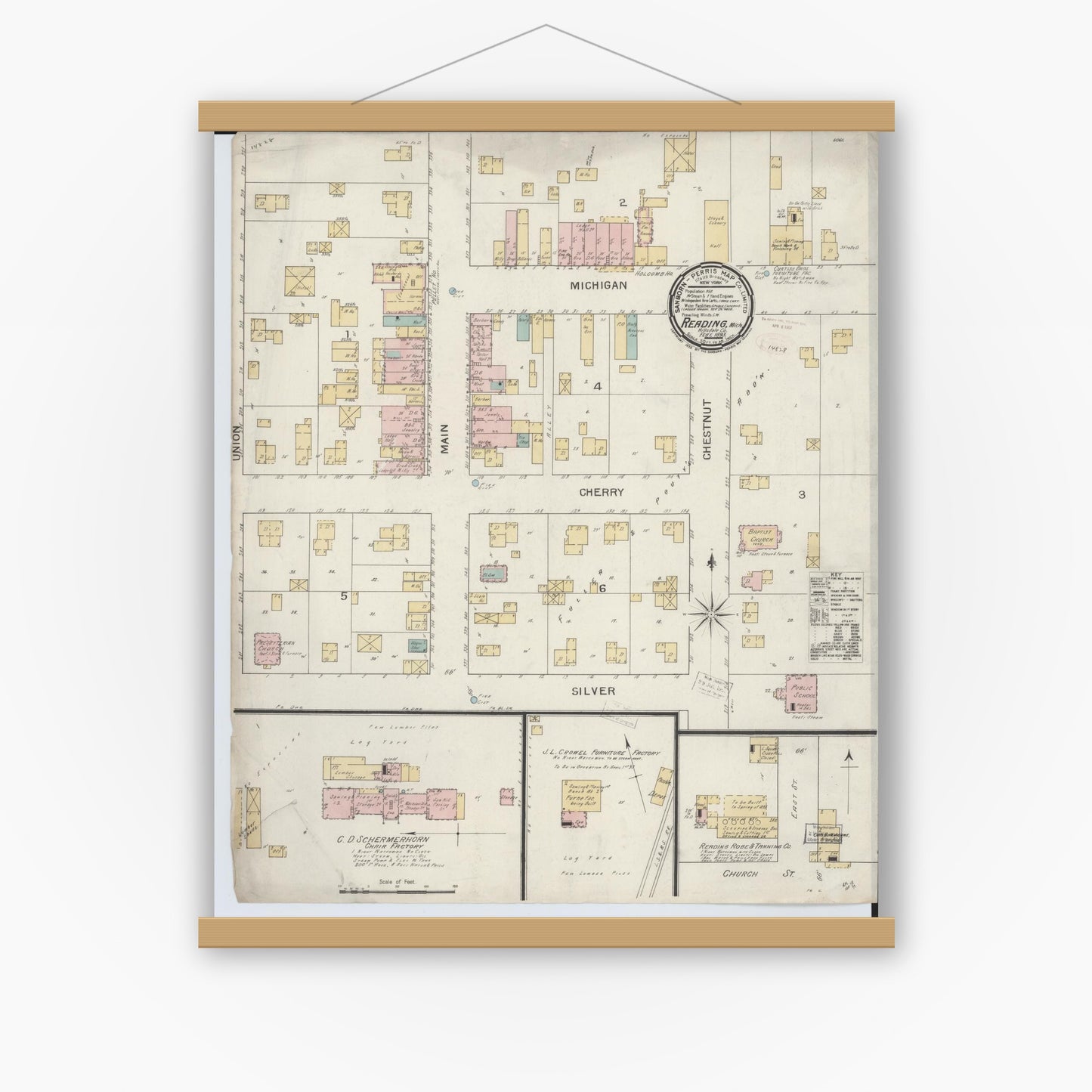 Old map wall art mockup — magnetic wood frame on white wall — Sanborn Fire Insurance Map from Reading, Hillsdale County, Michigan (1893), Sheet #0001