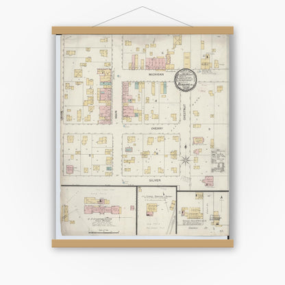 Old map wall art mockup — magnetic wood frame on white wall — Sanborn Fire Insurance Map from Reading, Hillsdale County, Michigan (1893), Sheet #0001