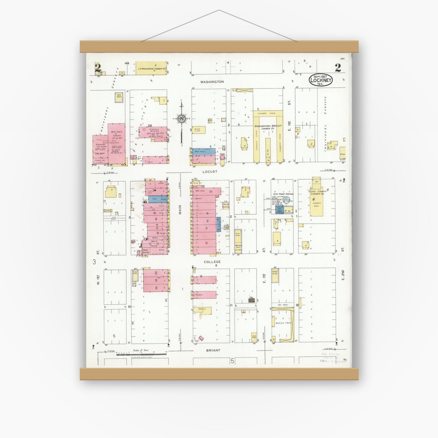 Old map wall art mockup — magnetic wood frame on white wall — Sanborn Fire Insurance Map from Lockney, Floyd County, Texas (1927), Sheet #0002