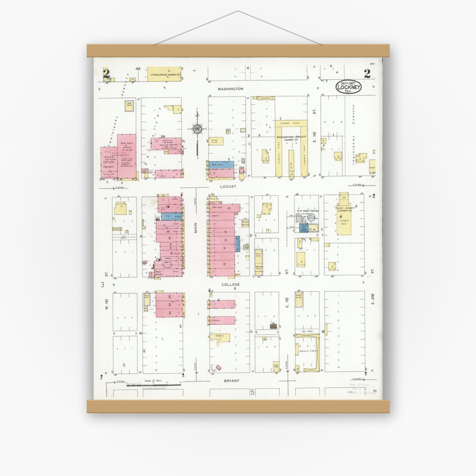 Old map wall art mockup — magnetic wood frame on white wall — Sanborn Fire Insurance Map from Lockney, Floyd County, Texas (1927), Sheet #0002