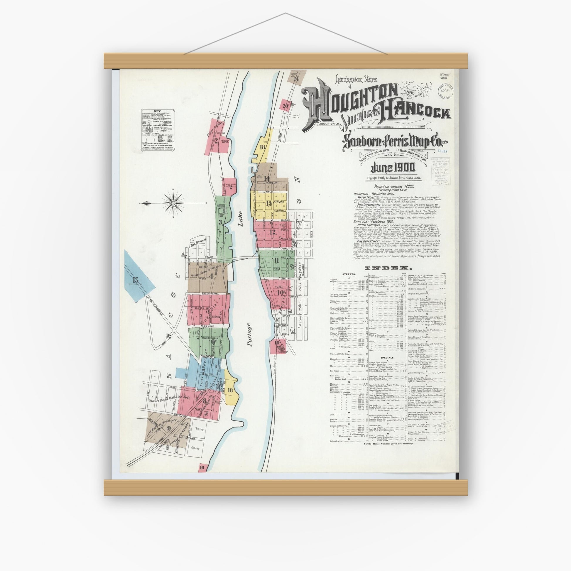 Old map wall art mockup — magnetic wood frame on white wall — Sanborn Fire Insurance Map from Houghton, Houghton County, Michigan (1900) - Complete Map Set