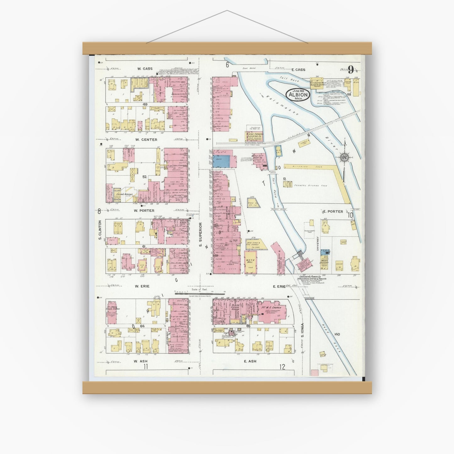 Old map wall art mockup — magnetic wood frame on white wall — Sanborn Fire Insurance Map from Albion, Calhoun County, Michigan (1918), Sheet #0009