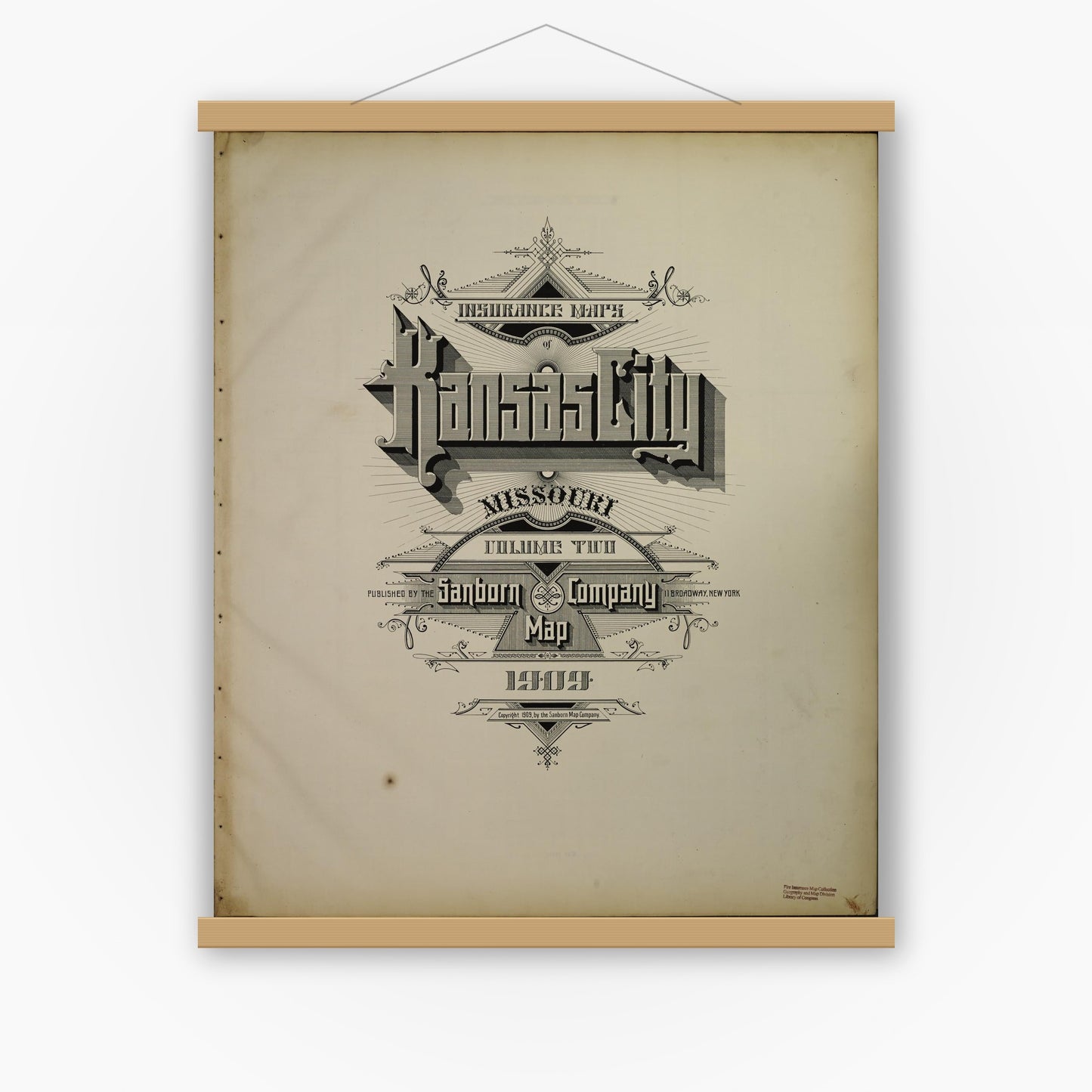 Old map wall art mockup — magnetic wood frame on white wall — Sanborn Fire Insurance Map from Kansas City, Jackson, Clay, And Platte Counties, Missouri (1909) - Complete Map Set