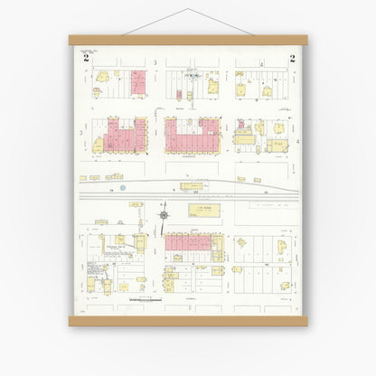 Old map wall art mockup — magnetic wood frame on white wall — Sanborn Fire Insurance Map from Oakwood, Leon County, Texas (1939), Sheet #0002