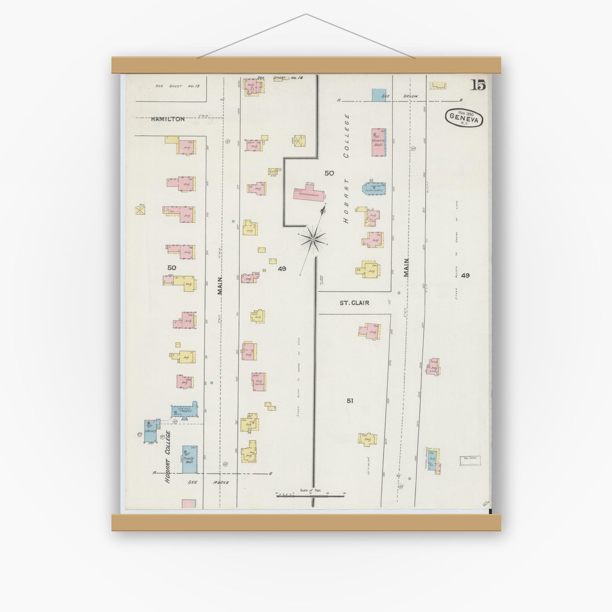 Old map wall art mockup — magnetic wood frame on white wall — Sanborn Fire Insurance Map from Geneva, Ontario County, New York (1890), Sheet #0015