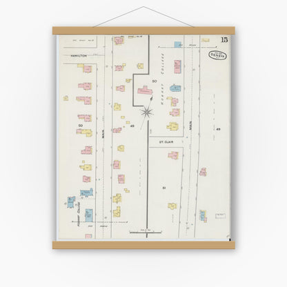 Old map wall art mockup — magnetic wood frame on white wall — Sanborn Fire Insurance Map from Geneva, Ontario County, New York (1890), Sheet #0015