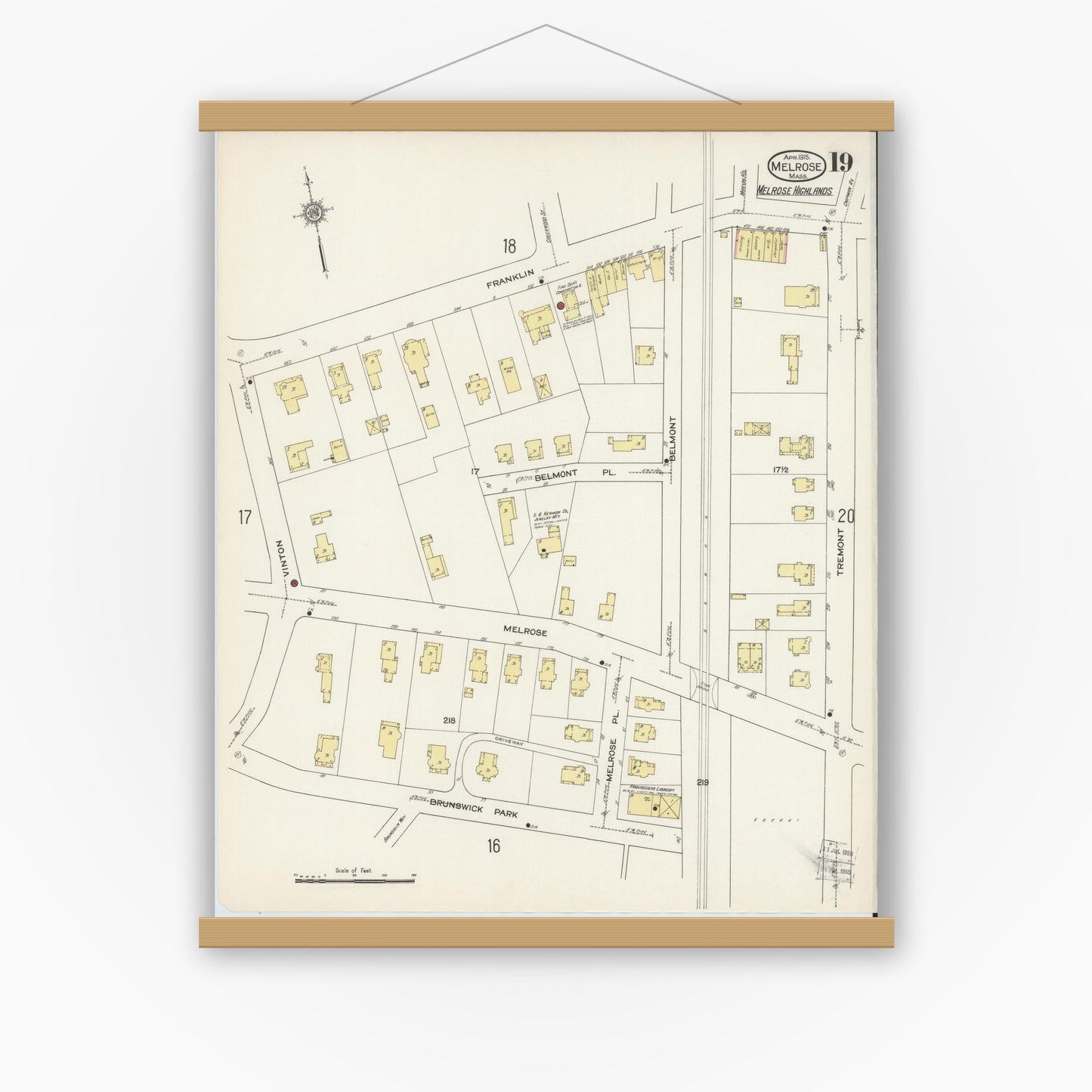 Old map wall art mockup — magnetic wood frame on white wall — Sanborn Fire Insurance Map from Melrose, Middlesex County, Massachusetts (1915), Sheet #0019