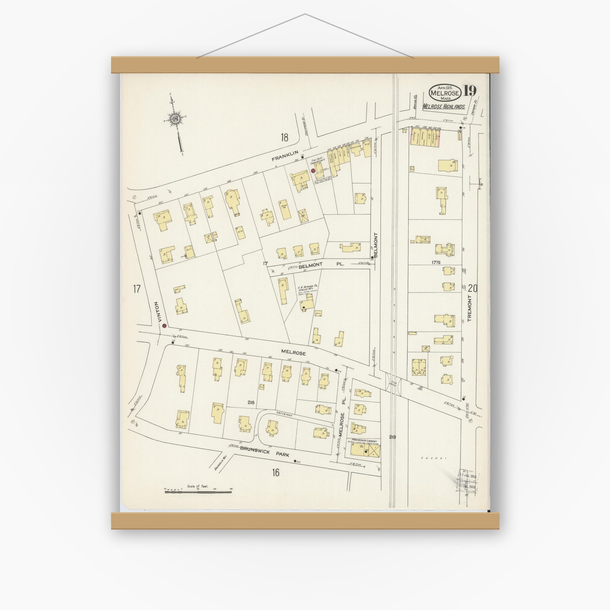 Old map wall art mockup — magnetic wood frame on white wall — Sanborn Fire Insurance Map from Melrose, Middlesex County, Massachusetts (1915), Sheet #0019