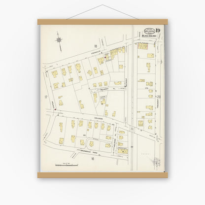 Old map wall art mockup — magnetic wood frame on white wall — Sanborn Fire Insurance Map from Melrose, Middlesex County, Massachusetts (1915), Sheet #0019